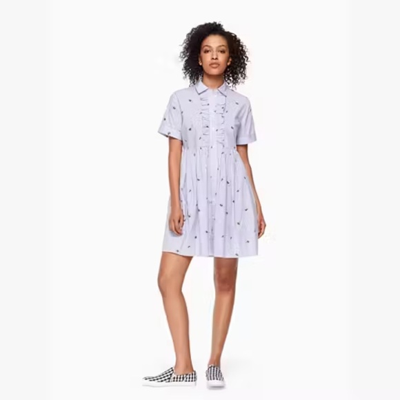 EUC Kate Spade Broome Street Abuzz Blue White Stripe Bumblee Bee Shirt Dress M - Picture 3 of 5